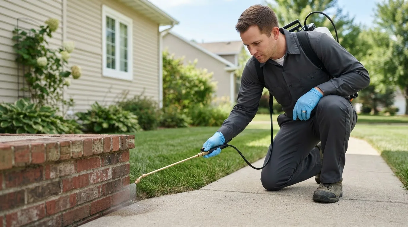 Pest control technician treating a home near Claremont, NH